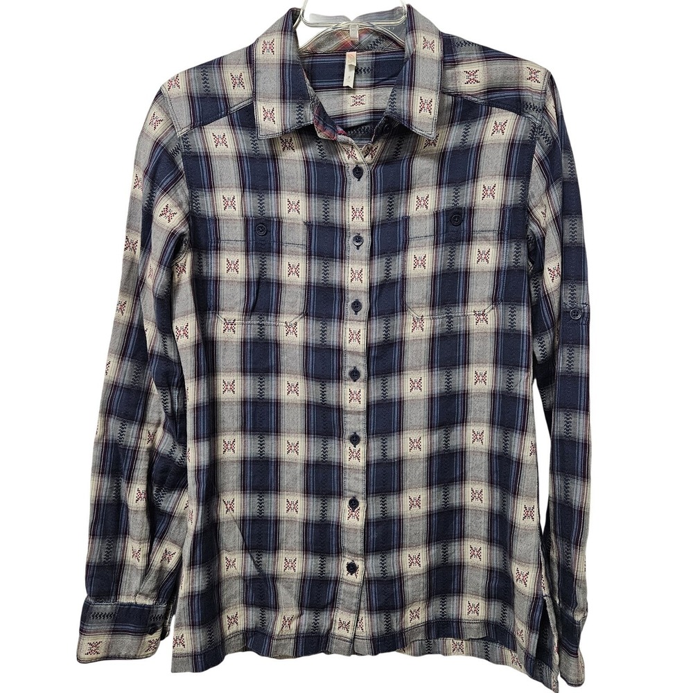 Mountain Khakis Shirt Womens S Blue Plaid‎ Embroidered Roll Tab Long Sleeve Top